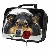 A Rough Collie Dog with Red Rose Black Insulated School Lunch Box/Picnic Bag