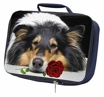 A Rough Collie Dog with Red Rose Navy Insulated School Lunch Box/Picnic Bag