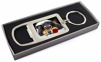 A Rough Collie Dog with Red Rose Chrome Metal Bottle Opener Keyring in Box