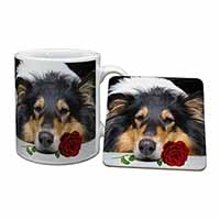 A Rough Collie Dog with Red Rose Mug and Coaster Set