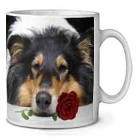 A Rough Collie Dog with Red Rose Ceramic 10oz Coffee Mug/Tea Cup