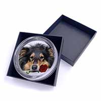 A Rough Collie Dog with Red Rose Glass Paperweight in Gift Box