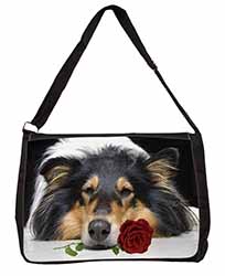 A Rough Collie Dog with Red Rose Large Black Laptop Shoulder Bag School/College