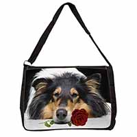 A Rough Collie Dog with Red Rose Large Black Laptop Shoulder Bag School/College