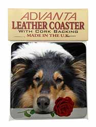 A Rough Collie Dog with Red Rose Single Leather Photo Coaster