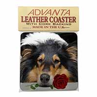 A Rough Collie Dog with Red Rose Single Leather Photo Coaster