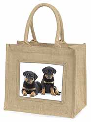 Rottweiler Puppies Natural/Beige Jute Large Shopping Bag