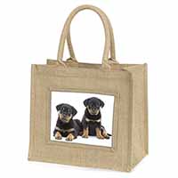 Rottweiler Puppies Natural/Beige Jute Large Shopping Bag