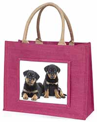 Rottweiler Puppies Large Pink Jute Shopping Bag