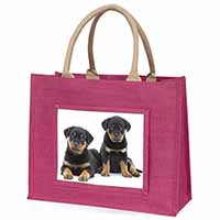 Rottweiler Puppies Large Pink Jute Shopping Bag