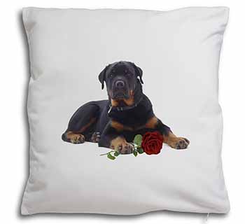 Rottweiler Dog with a Red Rose Soft White Velvet Feel Scatter Cushion
