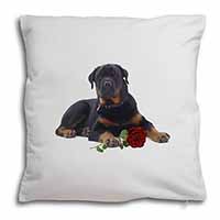 Rottweiler Dog with a Red Rose Soft White Velvet Feel Scatter Cushion