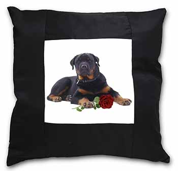 Rottweiler Dog with a Red Rose Black Satin Feel Scatter Cushion