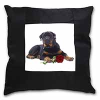 Rottweiler Dog with a Red Rose Black Satin Feel Scatter Cushion