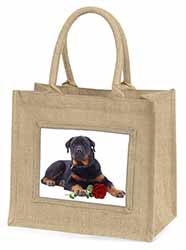 Rottweiler Dog with a Red Rose Natural/Beige Jute Large Shopping Bag