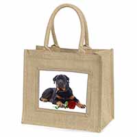 Rottweiler Dog with a Red Rose Natural/Beige Jute Large Shopping Bag