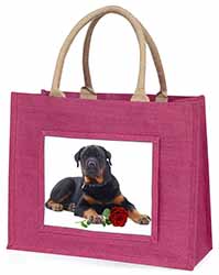 Rottweiler Dog with a Red Rose Large Pink Jute Shopping Bag