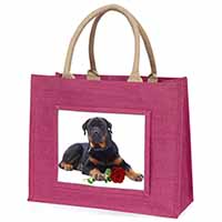 Rottweiler Dog with a Red Rose Large Pink Jute Shopping Bag