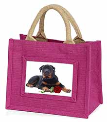 Rottweiler Dog with a Red Rose Little Girls Small Pink Jute Shopping Bag