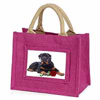 Rottweiler Dog with a Red Rose Little Girls Small Pink Jute Shopping Bag