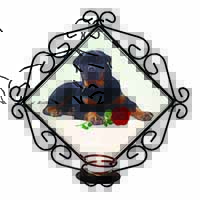Rottweiler Dog with a Red Rose Wrought Iron Wall Art Candle Holder
