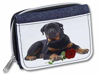 Rottweiler Dog with a Red Rose Unisex Denim Purse Wallet