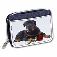 Rottweiler Dog with a Red Rose Unisex Denim Purse Wallet