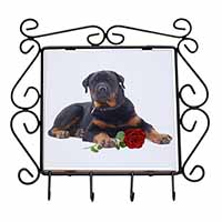 Rottweiler Dog with a Red Rose Wrought Iron Key Holder Hooks
