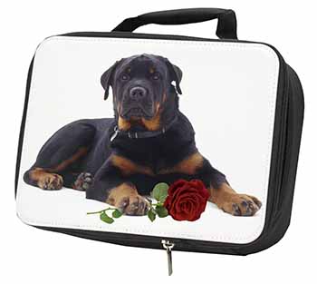 Rottweiler Dog with a Red Rose Black Insulated School Lunch Box/Picnic Bag