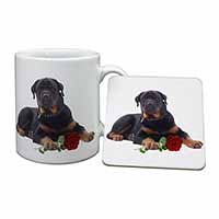 Rottweiler Dog with a Red Rose Mug and Coaster Set