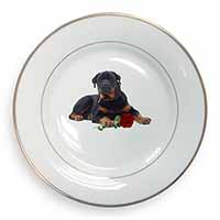 Rottweiler Dog with a Red Rose Gold Rim Plate Printed Full Colour in Gift Box