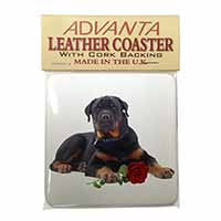 Rottweiler Dog with a Red Rose Single Leather Photo Coaster