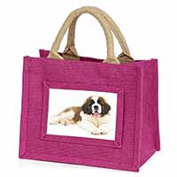 St Bernard Dog Little Girls Small Pink Jute Shopping Bag