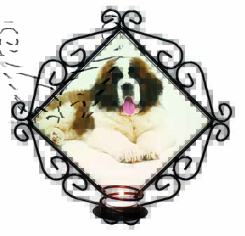 St Bernard Dog Wrought Iron Wall Art Candle Holder