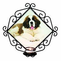 St Bernard Dog Wrought Iron Wall Art Candle Holder