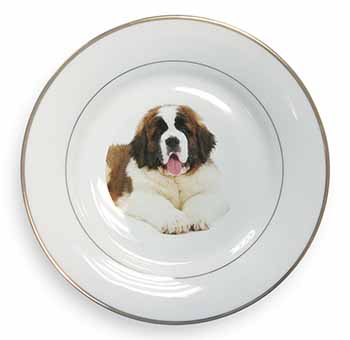 St Bernard Dog Gold Rim Plate Printed Full Colour in Gift Box