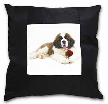 St. Bernard Dod with Red Rose Black Satin Feel Scatter Cushion