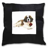 St. Bernard Dod with Red Rose Black Satin Feel Scatter Cushion