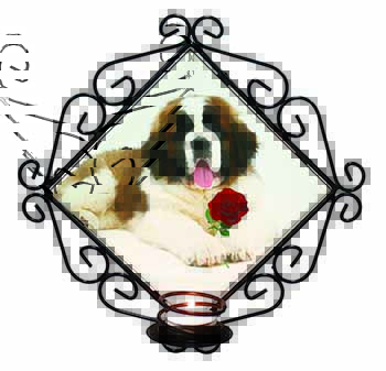St. Bernard Dod with Red Rose Wrought Iron Wall Art Candle Holder