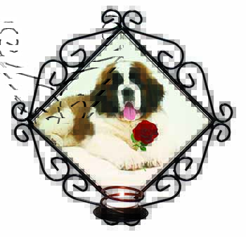 St. Bernard Dod with Red Rose Wrought Iron Wall Art Candle Holder