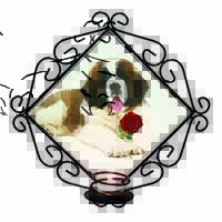 St. Bernard Dod with Red Rose Wrought Iron Wall Art Candle Holder