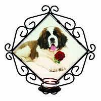 St. Bernard Dod with Red Rose Wrought Iron Wall Art Candle Holder