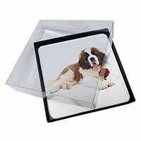 4x St. Bernard Dod with Red Rose Picture Table Coasters Set in Gift Box