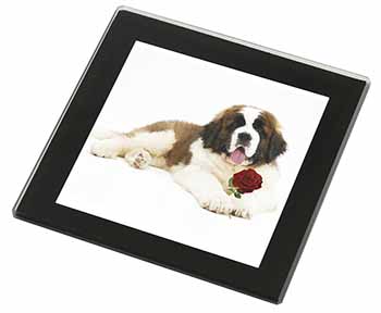 St. Bernard Dod with Red Rose Black Rim High Quality Glass Coaster