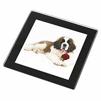 St. Bernard Dod with Red Rose Black Rim High Quality Glass Coaster