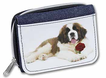 St. Bernard Dod with Red Rose Unisex Denim Purse Wallet