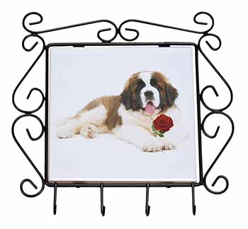 St. Bernard Dod with Red Rose Wrought Iron Key Holder Hooks