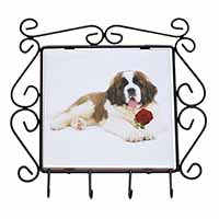 St. Bernard Dod with Red Rose Wrought Iron Key Holder Hooks