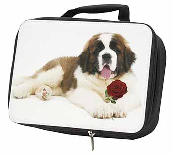 St. Bernard Dod with Red Rose Black Insulated School Lunch Box/Picnic Bag