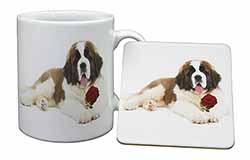 St. Bernard Dod with Red Rose Mug and Coaster Set